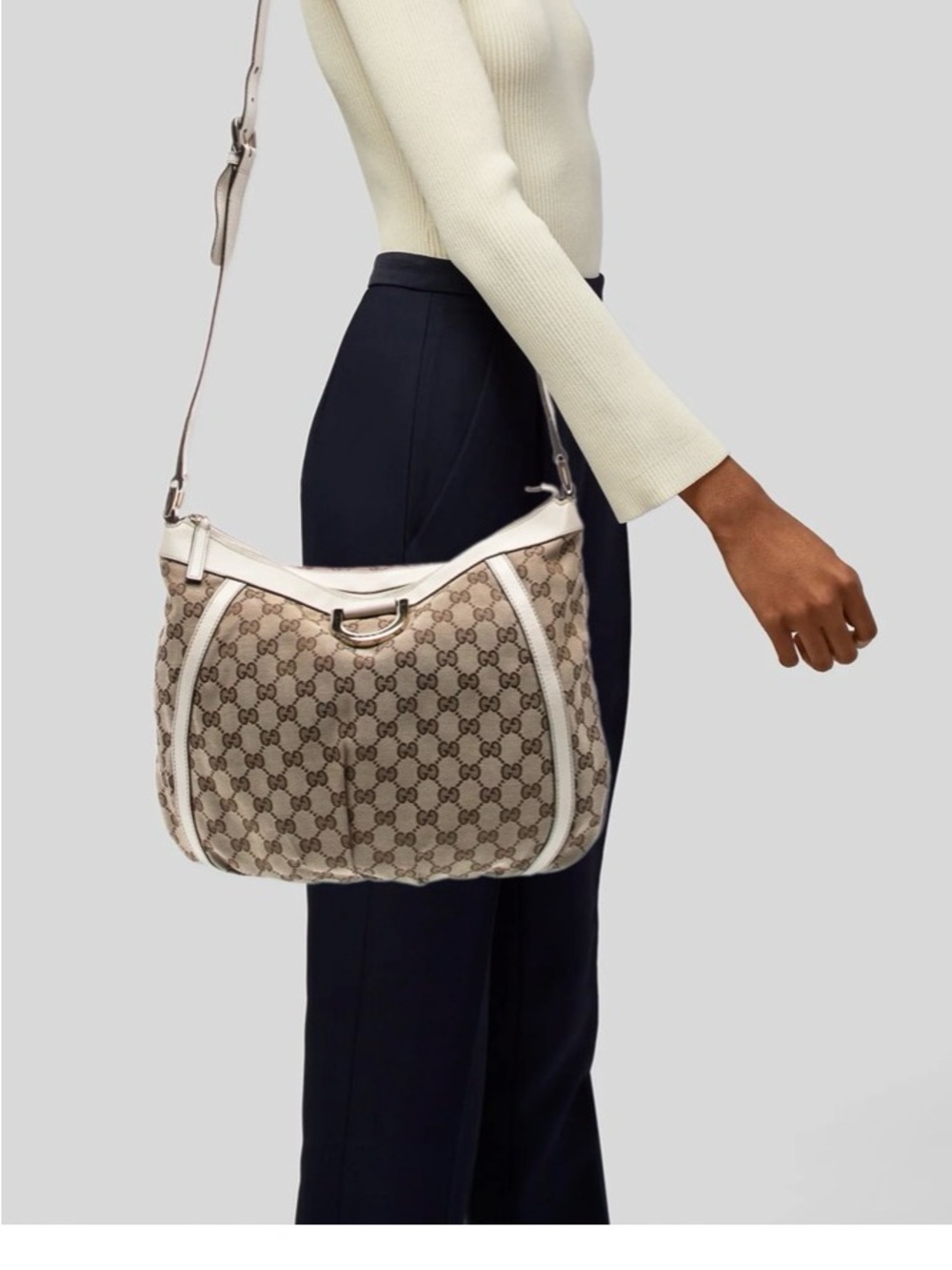 Gucci Beige Monogram Shoulder Bag with White Trim and Adjustable Strap